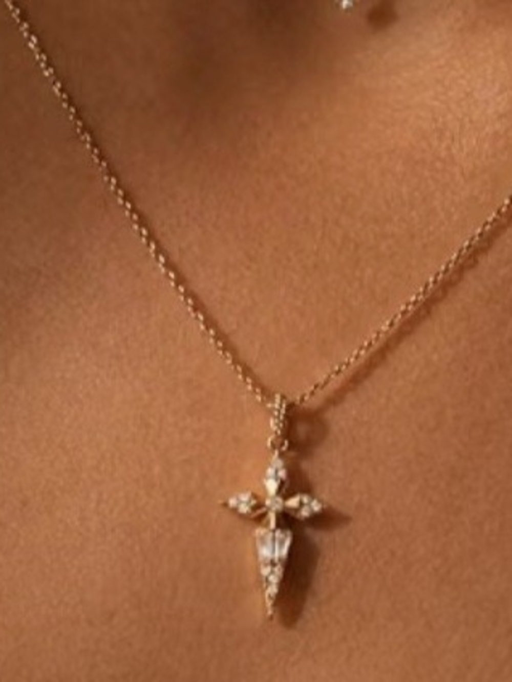 Gold Starburst Cross Pendant Necklace With CZ - Picture 2 of 3